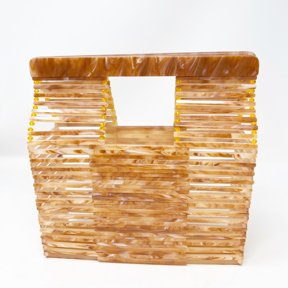 ANTHROPOLOGIE BROWN ORANGE ACRYLIC AND BEADED MAGNETIC CLOSURE PURSE